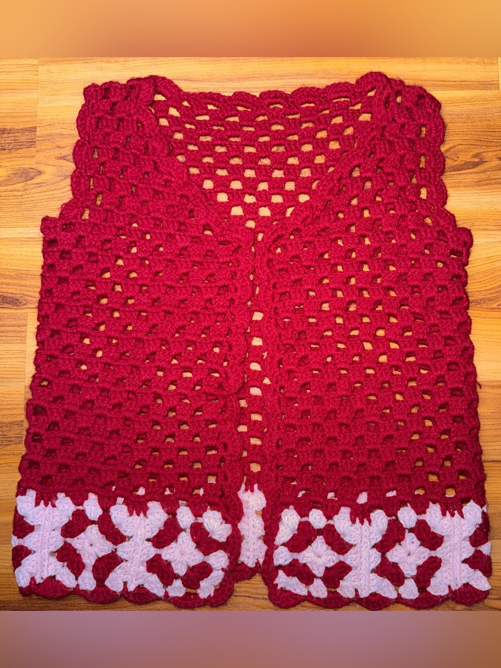 Handmade Crocheted Vest in Rich Red with White Trim